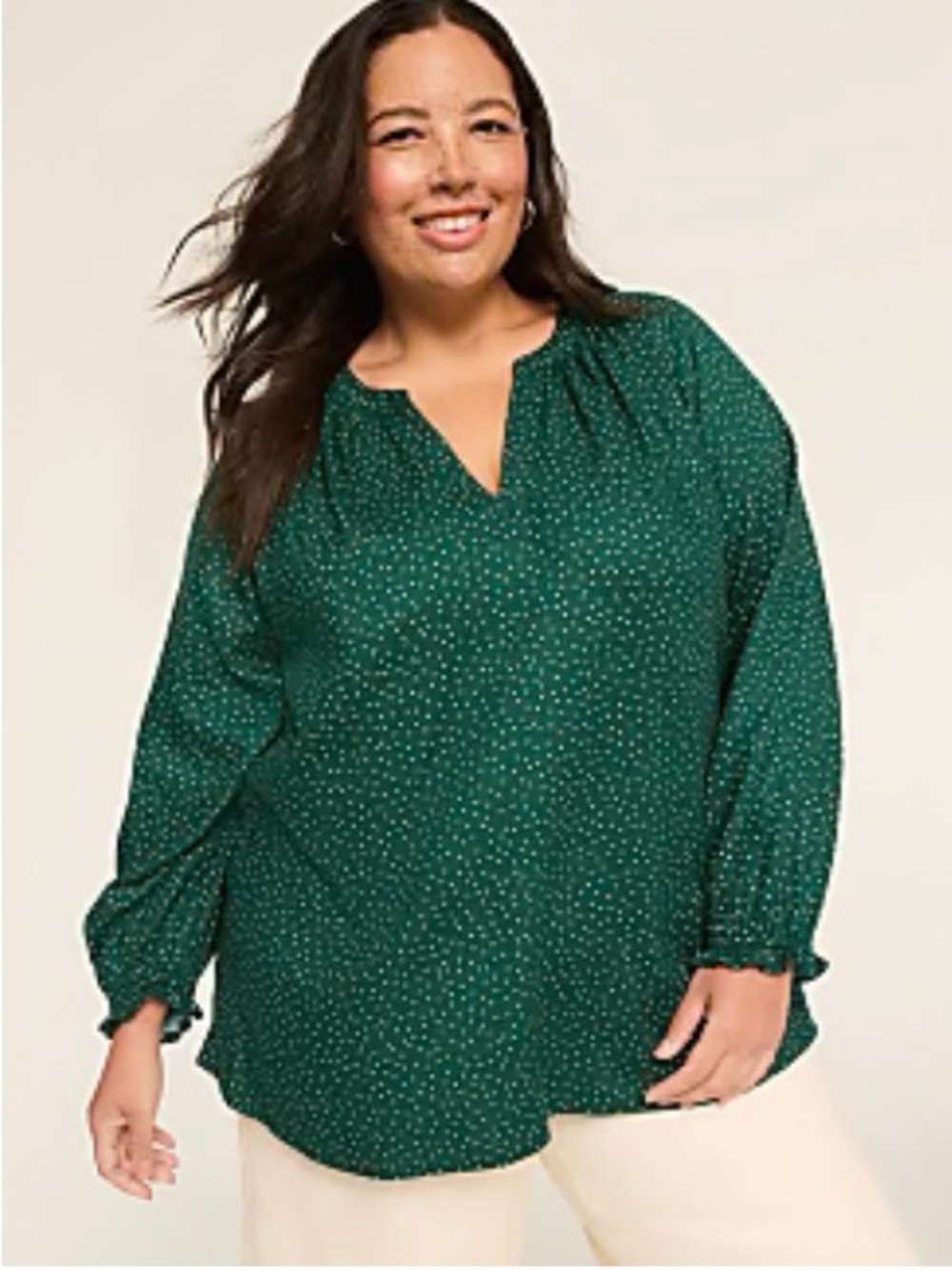 Lane Bryant Emerald Green Dot Long-Sleeve Peasant Top